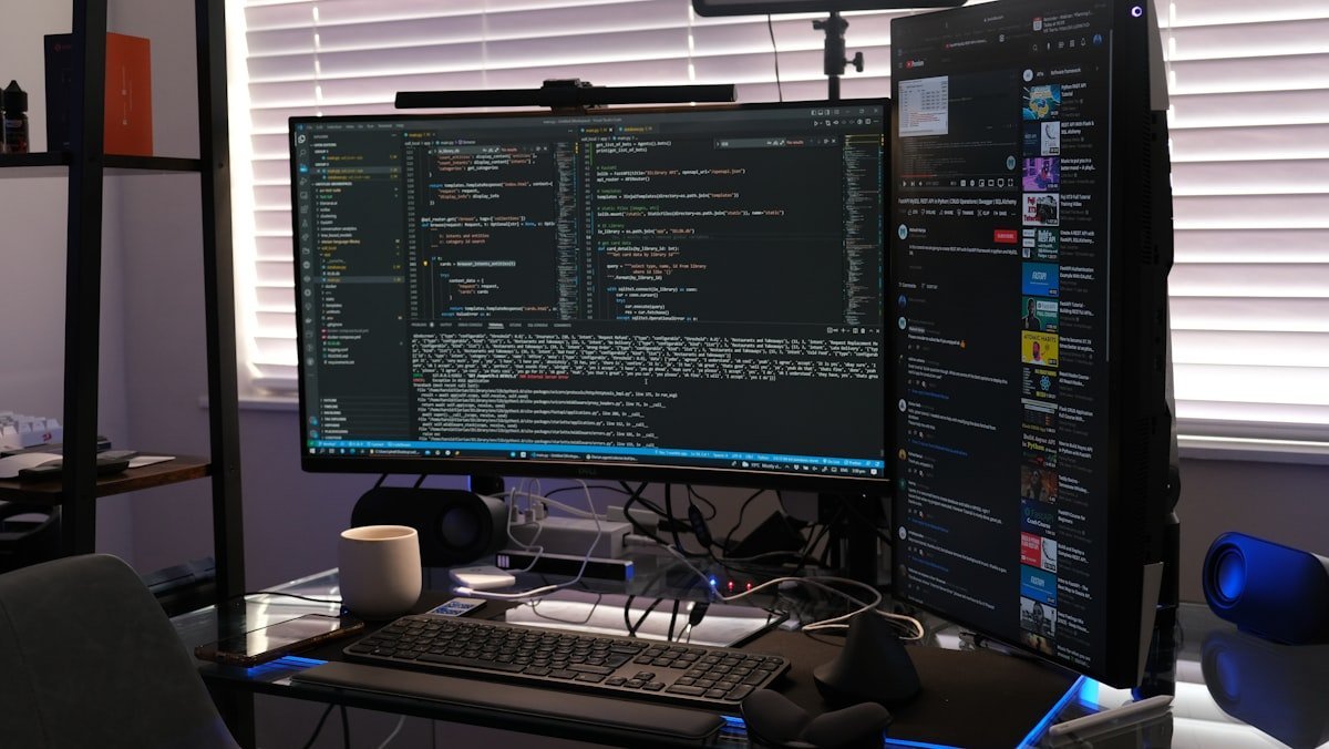 Poste de développeur avec plusieurs écrans et code