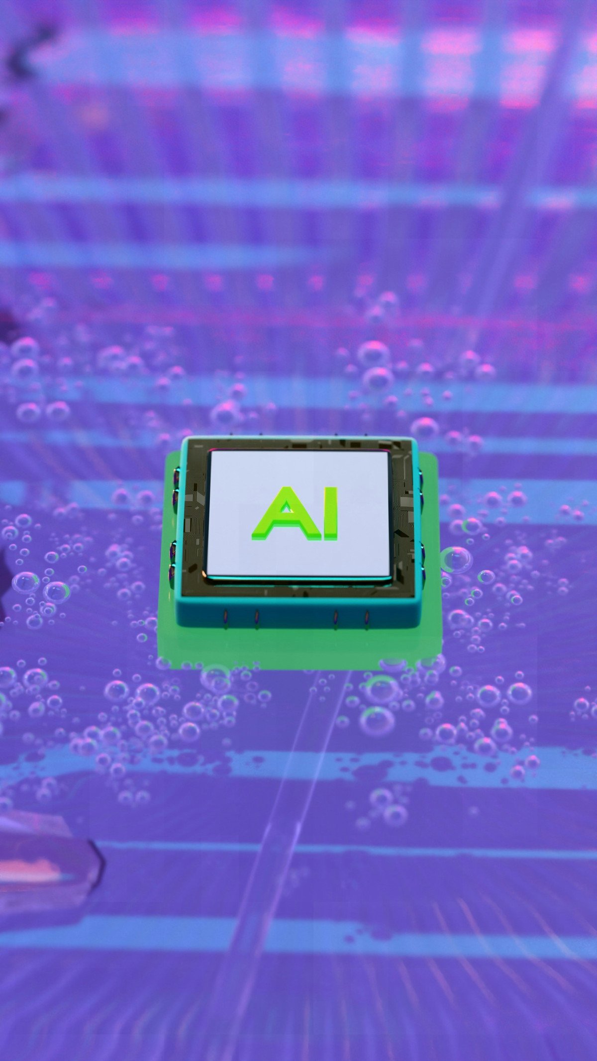 Puce IA sur circuit imprimé avec éclairage néon vert — INTEL