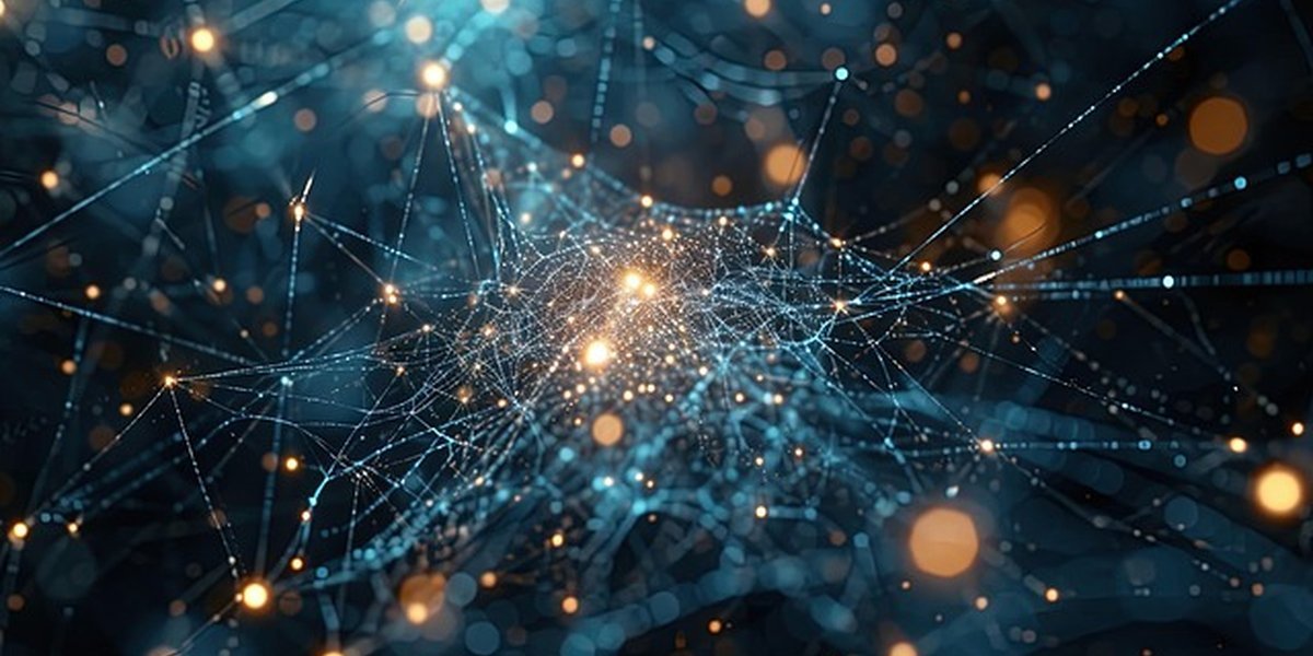 Réseau neuronal abstrait montrant des connexions entre nœuds d'intelligence artificielle